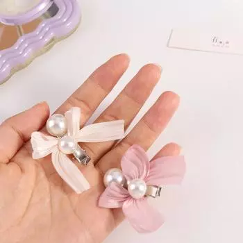 Модная заколка для волос с жемчугом и бантом Элегантные заколки с челкой и жемчугом Милые заколки для волос с бантом Студент розовый