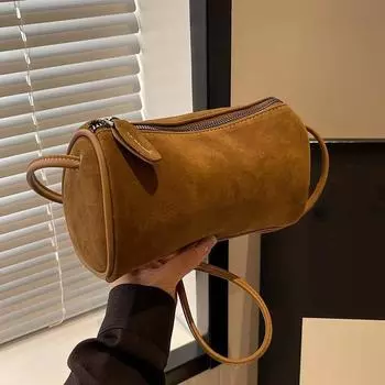 Модная замшевая цилиндрическая сумка для женщин, осенняя, новая, универсальная, матовая, текстурированная, сумка через плечо, простая, элегантная, сумка через плечо 20x8x11cm чёрный