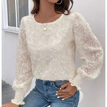 Модная жаккардовая белая рубашка для женщин, весна и осень, блузка с длинным рукавом, женские винтажные элегантные свободные рубашки, женские топы с круглым вырезом 24703 S белый