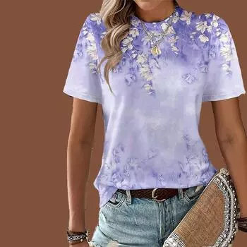 Модная женская элегантная футболка с цветочным принтом и кисточками, забавная повседневная футболка с круглым вырезом и короткими рукавами, летняя женская футболка XS синий