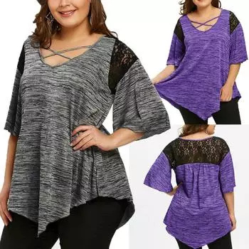 Модная женская асимметричная туника с расклешенными кружевами больших размеров, футболки, топы