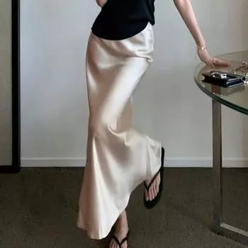 Модная женская атласная юбка-рыбий хвост, новая летняя юбка с оборками и высокой талией, элегантная свободная повседневная А-силуэт, длинные юбки, женские однотонные юбки, одежда 2388 S чёрный