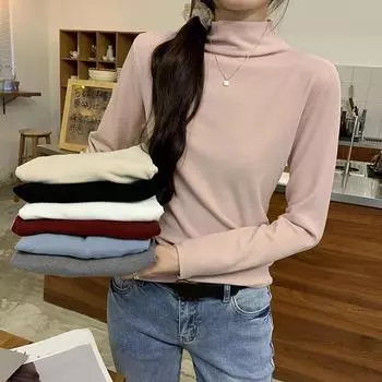 Модная женская базовая водолазка с длинным рукавом, весна-осень 2024, новые однотонные облегающие тонкие футболки с внутренней частью, повседневная простая одежда 2322 S белый