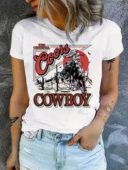 Модная женская белая футболка с 6 характерными дизайнами, круглым вырезом, короткими рукавами S