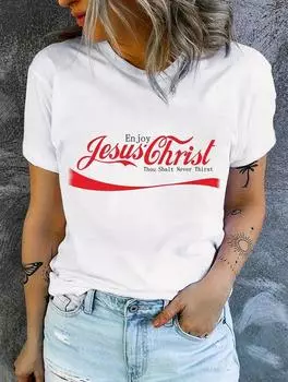 Модная женская белая футболка с 6 характерными дизайнами, круглым вырезом, короткими рукавами S