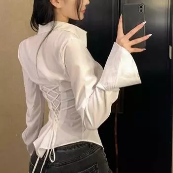 Модная женская белая рубашка с повязкой на спине, расклешенная рубашка с длинными рукавами и лацканами, элегантная повседневная блузка на шнуровке, женская простая офисная женская блузка с тонкой талией 345 S белый