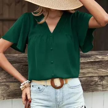 Модная женская блузка 2023. Стильный элегантный однотонный топ с короткими рукавами. Летняя повседневная свободная зеленая рубашка с v-образным вырезом и складками Blusas 27108. S темно-зеленого