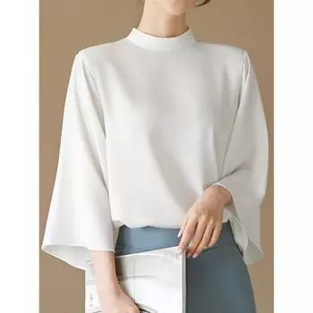 Модная женская блузка 2024 года, осенняя туника, топы, повседневные, воротник-стойка, расклешенные рукава 3/4, офисные элегантные рубашки, свободные блузы S коричневый