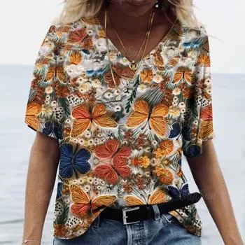 Модная женская блузка 2024 года с принтом бабочек, футболки с коротким рукавом, летняя повседневная женская футболка большого размера, женская одежда 2000 года S