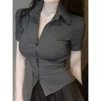 Модная женская блузка, эластичная тонкая сексуальная женская рубашка, корейская летняя одежда, уличная одежда, рубашки с короткими рукавами, новинка, новинка S белый