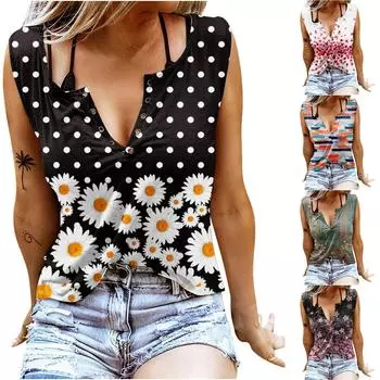 Модная женская блузка без рукавов с v-образным вырезом, футболка с принтом, свободные топы, блузка L серый