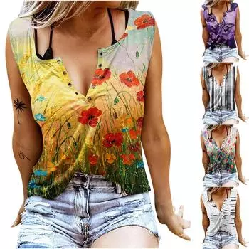 Модная женская блузка без рукавов с v-образным вырезом, футболка с принтом, свободные топы, блузка L жёлтый