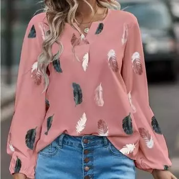 Модная женская блузка, рубашки для женщин, стильный топ с длинным рукавом, узор из перьев, женские топы, элегантная шифоновая женская одежда S чёрный