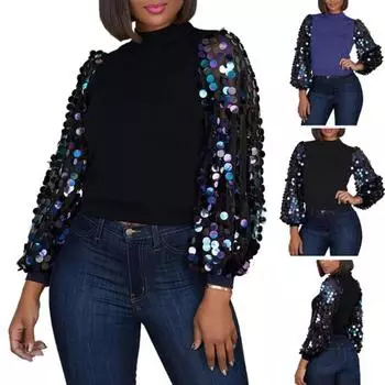 Модная женская блузка с длинными рукавами-фонариками и имитацией горловины, украшенная пайетками, укороченный топ L чёрный
