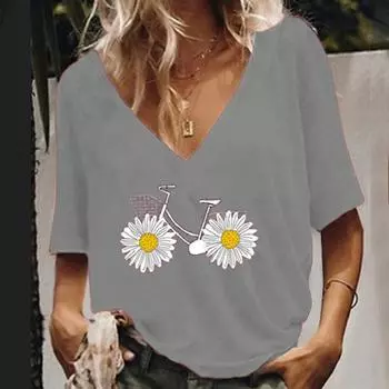 Модная женская блузка с коротким рукавом с v-образным вырезом и принтом, легкие топы S серый