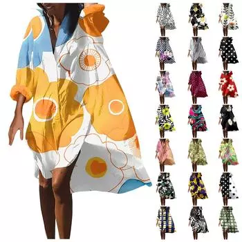 Модная женская блузка с принтом, свободная праздничная рубашка с длинным рукавом, платье L синий