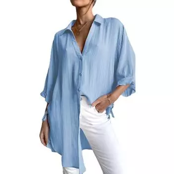 Модная женская блузка с расклешенными рукавами 3/4 на боковой шнуровке и ласточкой, повседневная однотонная хлопковая льняная длинная рубашка S белый