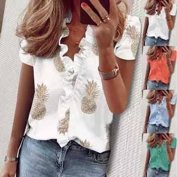 Модная женская блузка с v-образным вырезом и пуговицами, повседневная рубашка L синий