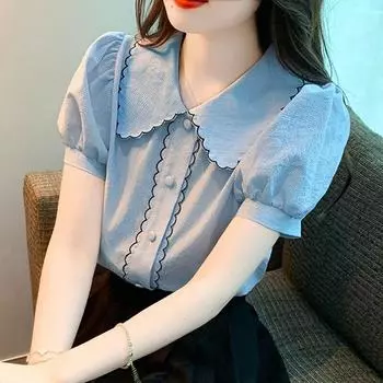 Модная женская блузка с воротником Питера Пэна и топы, повседневные летние женские рубашки с короткими рукавами, элегантная женская одежда 26123 S синий