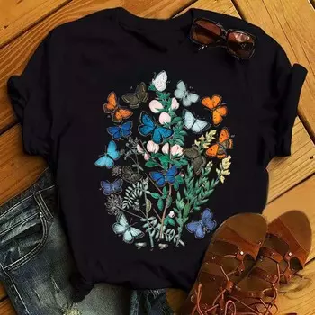 Модная женская черная футболка с бабочкой и поцелуем, цветочный принт, футболка в стиле Харадзюку, милая футболка с графическим рисунком, женская повседневная футболка, одежда M
