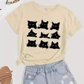 Модная женская черная футболка с милым принтом кота, забавная повседневная футболка с круглым вырезом и короткими рукавами, летняя женская футболка XS розовый