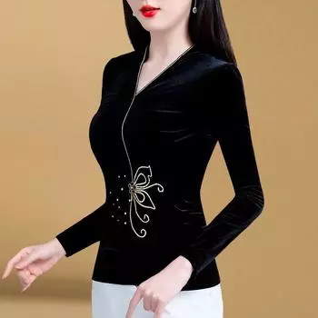 Модная женская черная золотая бархатная нижняя рубашка, женская весенне-осенняя узкая рубашка с длинными рукавами XXXXL чёрный