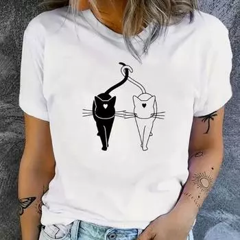 Модная женская черно-белая футболка с принтом кота, забавная повседневная футболка с круглым вырезом и короткими рукавами, летняя женская футболка XS белый