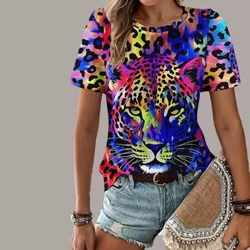 Модная женская цветная футболка с принтом гепарда, забавная повседневная футболка с круглым вырезом и короткими рукавами, летняя женская футболка XS синий