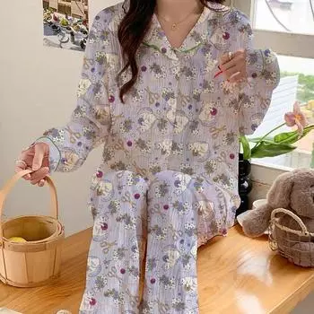 Модная женская домашняя пижама с милым котом и плиссированным лацканом, игривая, с красным бантом, весна/осень, новая женская пижама из молочного шелка M лавандовый