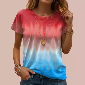Модная женская двухцветная футболка с градиентным принтом, забавная повседневная футболка с круглым вырезом и короткими рукавами, летняя женская футболка XS синий