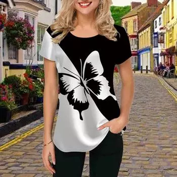 Модная женская двухцветная футболка с принтом бабочек, забавная повседневная футболка с круглым вырезом и короткими рукавами, летняя женская футболка XS синий