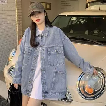 Модная женская джинсовая куртка в ретро-гонконгском стиле — универсальный свободный крой для весны и осени 2022 года. XL синий