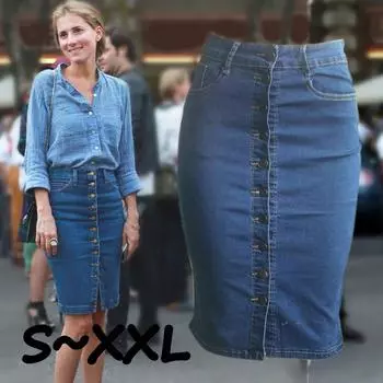 Модная женская джинсовая юбка на пуговицах Джинсовая юбка-карандаш с высокой талией Тонкая короткая мини-юбка-карандаш S синий