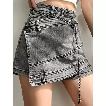 Модная женская джинсовая юбка, новая высокая талия, нерегулярная цепочка, серые юбки выше колена, женские джинсовые юбки, юбки, женские S