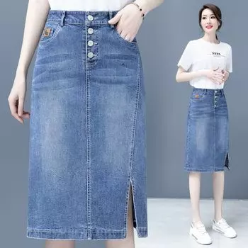 Модная женская джинсовая юбка с высокой талией на весну и осень с разрезом до бедра, летняя юбка-трапеция с облегающим бедрами S