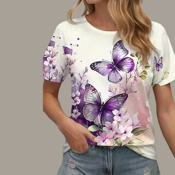 Модная женская фиолетовая футболка с принтом бабочки, забавная повседневная футболка с круглым вырезом и короткими рукавами, летняя женская футболка XS фиолетовый