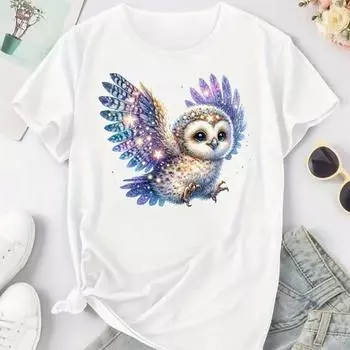 Модная женская фиолетовая футболка с принтом совы, забавная повседневная футболка с круглым вырезом и короткими рукавами, летняя женская футболка XS белый