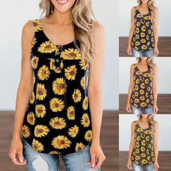 Модная женская футболка без рукавов с подсолнечным принтом и цветными блоками, футболка с пуговицами, топ