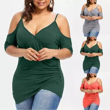 Модная женская футболка больших размеров с вырезом, асимметричная футболка с открытыми плечами, топы с v-образным вырезом XXXXL серый