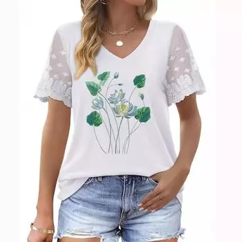 Модная женская футболка больших размеров с V-образным вырезом, короткими рукавами и кружевными вставками на лето S