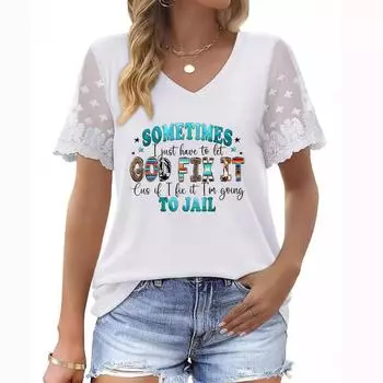 Модная женская футболка больших размеров с V-образным вырезом, короткими рукавами и кружевными вставками на лето S