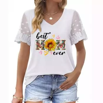 Модная женская футболка больших размеров с V-образным вырезом, короткими рукавами и кружевными вставками на лето S