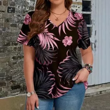 Модная женская футболка больших размеров с цветочным принтом и V-образным вырезом XL фиолетовый