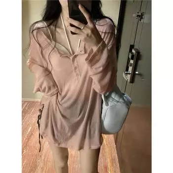 Модная женская футболка большого размера с длинным рукавом, летняя тонкая солнцезащитная рубашка с V-образным вырезом, повседневные свободные блузки больших размеров, простые тонкие топы 2729 M кофейный