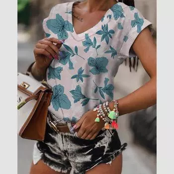 Модная женская футболка большого размера, женские футболки с короткими рукавами, однотонная одежда с принтом черепа, женская летняя футболка с v-образным вырезом, топ Y2k 5XL