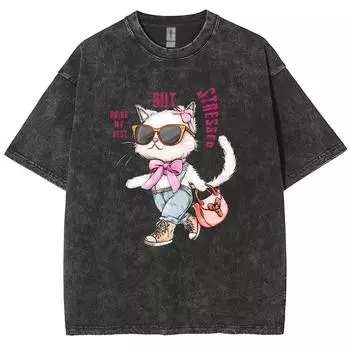 Модная женская футболка из 100% хлопка с антропоморфным рисунком кошки, нормальный размер, свободная, эластичная, с коротким рукавом, милая S