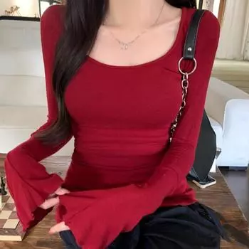 Модная женская футболка из чистого хлопка весна-осень с расклешенным рукавом и круглым вырезом, повседневная однотонная тонкая футболка для женщин y2k Верхняя одежда Уличная одежда S