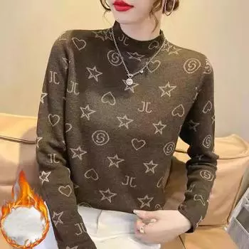 Модная женская футболка из плотного бархата с низом, осень-зима, с длинным рукавом и полувысоким воротником, повседневная, тонкая, теплая футболка с принтом, женские топы y2k, одежда M хаки