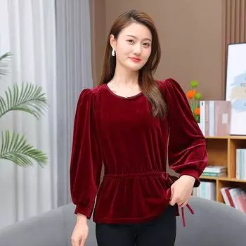 Модная женская футболка из золотистого бархата в иностранном стиле 2024 года, новая однотонная темпераментная рубашка с эффектом талии и омолаживающим эффектом XL розы красного