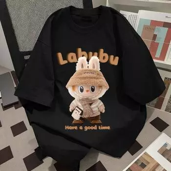 Модная женская футболка LABUBU большого размера с круглым вырезом в корейском стиле, новая летняя свободная одежда с короткими рукавами 2XS чёрный